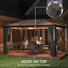 Outsunny 3.6 x 4m Hardtop Gazebo Canopy with Polycarbonate Roof, Aluminium Frame, Permanent Pavilion Garden Gazebo with Netting and Curtains for Patio, Deck, Dark Grey - 6