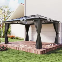 Outsunny 3.6 x 4m Hardtop Gazebo Canopy with Polycarbonate Roof, Aluminium Frame, Permanent Pavilion Garden Gazebo with Netting and Curtains for Patio, Deck, Dark Grey - 3