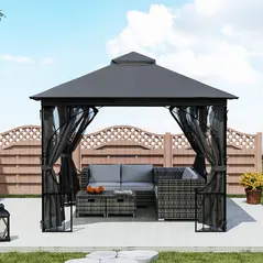 Outsunny 3 x 3m Garden Gazebo Patio Party Tent Shelter Outdoor Canopy Double Tier Sun Shade with Metal Frame and Netting, Dark Grey - 9
