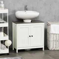 kleankin Modern Bathroom Sink Cabinet, Floor Standing Under Sink Cabinet, Freestanding Storage Cupboard with Adjustable Shelf, Double Doors, Antique White - 2