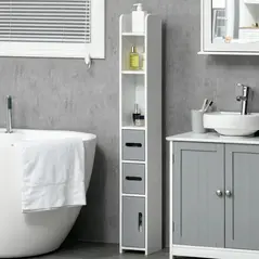 kleankin Modern Bathroom Storage Cabinet, Freestanding Tall Bathroom Cabinet with Open Shelves and 3 Cupboards with Door, for Bedroom Hallway, Grey - 2
