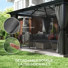 Outsunny 3.6 x 4m Hardtop Gazebo Canopy with Polycarbonate Roof, Aluminium Frame, Permanent Pavilion Garden Gazebo with Netting and Curtains for Patio, Deck, Dark Grey - 5