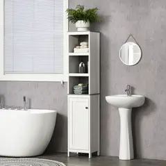 kleankin Tall Bathroom Storage Cabinet, Freestanding Tower Cabinet with 3 Open Shelves and Adjustable Shelf, Antique White - 2