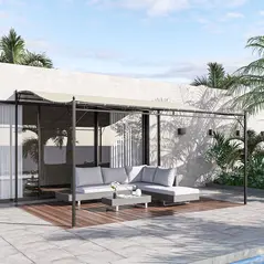Outsunny 4 x 3 Meters Canopy Metal Wall Gazebo Awning Garden Marquee Shelter Door Porch - Cream - 2