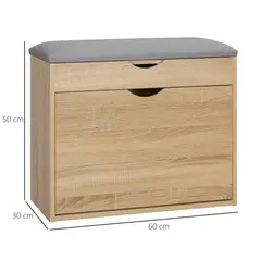 HOMCOM Shoe Bench with Cushion for 4 Pair of Shoes, Storage Bench with Padded Seat, Flip-up Cabinet and Hidden Space for Entryway, Natural - 3