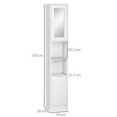 kleankin Tall Bathroom Storage Cabinet with Mirror, Narrow Bathroom Unit, Freestanding Bathroom Cupboard with Adjustable Shelves and 2 Doors, White - 3