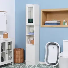kleankin Tall Bathroom Storage Cabinet with Mirror, Narrow Bathroom Unit, Freestanding Bathroom Cupboard with Adjustable Shelves and 2 Doors, White - 2