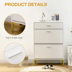 HOMCOM Three Drawer Slim Shoe Storage Cabinet, 12 Shoe Pairs - White - 7