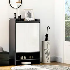 HOMCOM High Gloss Shoe Cabinet with White Doors and Open Shelves, Hallway Shoe Cupboard Storage Organiser for 15 Pairs of Shoes, Grey - 2