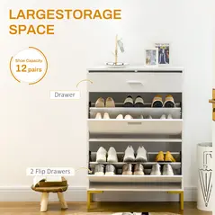 HOMCOM Three Drawer Slim Shoe Storage Cabinet, 12 Shoe Pairs - White - 4