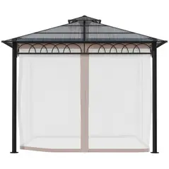 Outsunny 3 x 3 (m) Outdoor Polycarbonate Gazebo, Double Roof Hard Top Gazebo with Galvanised Steel Frame, Nettings & Curtains for Garden, Lawn, Patio and Deck, Khaki - 9