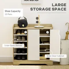 HOMCOM Shoe Storage with Double Doors and Open Shelves 13 Pair Shoe Storage Organizer for Entryway Hallway Natural and White - 4