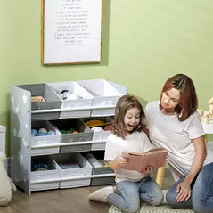 ZONEKIZ Kids Storage Rack, with Nine Removable Baskets, for Nursery, Bedroom, Playroom - Grey - 2