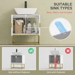kleankin Bathroom Mirror Cabinet Under Sink Storage Cabinet Basin Cupboard with 2 Doors and Gold Steel Legs - 4