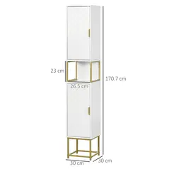 kleankin Narrow Bathroom Storage Cabinet, Freestanding Tallboy Storage Unit with Adjustable Shelf, 2 Doors and Steel Base, Slim Corner Organizer, White - 3