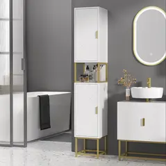 kleankin Narrow Bathroom Storage Cabinet, Freestanding Tallboy Storage Unit with Adjustable Shelf, 2 Doors and Steel Base, Slim Corner Organizer, White - 2