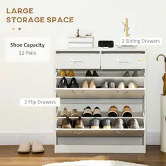 HOMCOM Narrow Shoe Storage with 2 Flip Drawers and Adjustable Shelves Shoe Cabinet Organizer for 12 Pairs of Shoes, White - 4