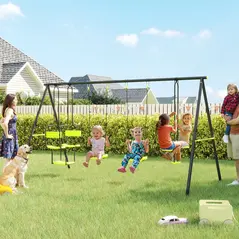 Outsunny Metal Garden Swing Set with Double Swings, Glider, Swing Seats - Green - 2