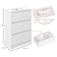 kleankin 600mm Bathroom Vanity Unit with Basin and Single Tap Hole, High Gloss White Floor Standing Bathroom Sink Unit with 2 Drawers for Cloakroom - 3