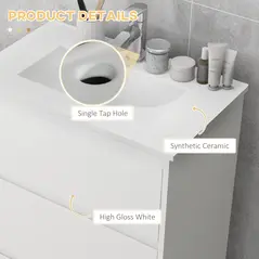 kleankin 600mm Bathroom Vanity Unit with Basin and Single Tap Hole, High Gloss White Floor Standing Bathroom Sink Unit with 2 Drawers for Cloakroom - 6