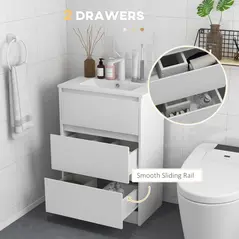 kleankin 600mm Bathroom Vanity Unit with Basin and Single Tap Hole, High Gloss White Floor Standing Bathroom Sink Unit with 2 Drawers for Cloakroom - 4