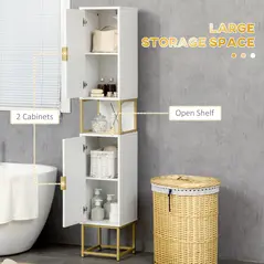 kleankin Narrow Bathroom Storage Cabinet, Freestanding Tallboy Storage Unit with Adjustable Shelf, 2 Doors and Steel Base, Slim Corner Organizer, White - 5