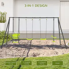 Outsunny Metal Garden Swing Set with Double Swings, Glider, Swing Seats - Green - 4