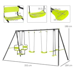 Outsunny Metal Garden Swing Set with Double Swings, Glider, Swing Seats - Green - 3