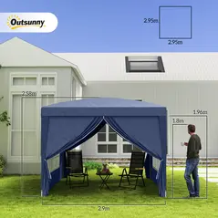 Outsunny 3 x 3 m Garden Pop Up Gazebo, Wedding Party Tent Marquee, Water Resistant Awning Canopy with Sidewalls, Windows, Carry Bag, Blue - 3