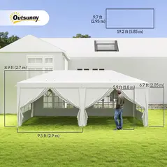 Outsunny 3 x 6 m Garden Pop Up Gazebo, Wedding Party Tent Marquee, Water Resistant Awning Canopy with Sidewalls, Windows, Carry Bag, White - 3
