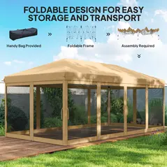 Outsunny 3 x 6m Pop Up Gazebo, Outdoor Canopy Shelter, Marquee Party Wedding Tent with 6 Mesh Walls and Carry Bag, Beige - 5