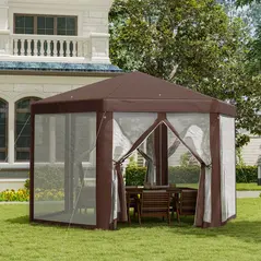 Outsunny Hexagonal Garden Gazebo Patio Party Outdoor Canopy Tent Sun Shelter with Mosquito Netting and Zipped Door, Brown - 2