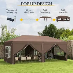 Outsunny 3 x 6 m Pop Up Gazebo with Sides and Windows, Height Adjustable Wedding Camping Party Tent Canopy Marquee with Storage Bag for Garden, Event, Brown - 4
