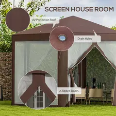 Outsunny Hexagonal Garden Gazebo Patio Party Outdoor Canopy Tent Sun Shelter with Mosquito Netting and Zipped Door, Brown - 4