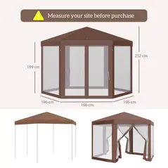 Outsunny Hexagonal Garden Gazebo Patio Party Outdoor Canopy Tent Sun Shelter with Mosquito Netting and Zipped Door, Brown - 3