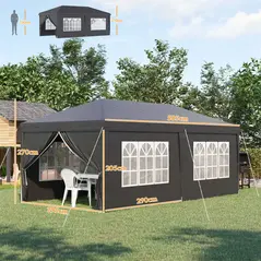 Outsunny 3 x 6 m Pop Up Gazebo with Sides and Windows, Height Adjustable Wedding Camping Party Tent Canopy Marquee with Storage Bag for Garden, Event, Black - 3