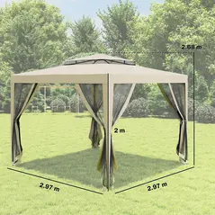 Outsunny 3 x 3 m Gazebo, Netting Party Tent, Patio Canopy Outdoor Event Shelter with Double Tier Roof, Beige - 3