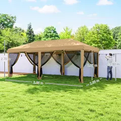 Outsunny 3 x 6m Pop Up Gazebo, Outdoor Canopy Shelter, Marquee Party Wedding Tent with 6 Mesh Walls and Carry Bag, Beige - 3