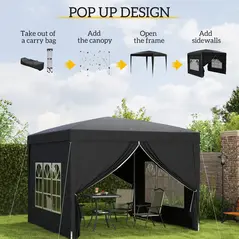 Outsunny 3 x 3 m Garden Pop Up Gazebo, Wedding Party Tent Marquee, Water Resistant Awning Canopy with Sidewalls, Windows, Carry Bag, Black - 4