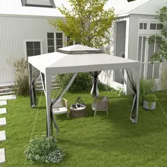 Outsunny 3 x 3 m Gazebo, Netting Party Tent, Patio Canopy Outdoor Event Shelter with Double Tier Roof, Light Grey - 2