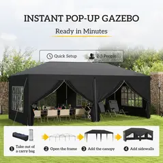Outsunny 3 x 6 m Pop Up Gazebo with Sides and Windows, Height Adjustable Wedding Camping Party Tent Canopy Marquee with Storage Bag for Garden, Event, Black - 4
