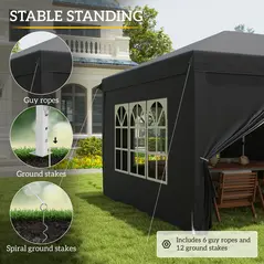 Outsunny 3 x 6 m Pop Up Gazebo with Sides and Windows, Height Adjustable Wedding Camping Party Tent Canopy Marquee with Storage Bag for Garden, Event, Black - 6