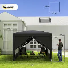Outsunny 3 x 3 m Garden Pop Up Gazebo, Wedding Party Tent Marquee, Water Resistant Awning Canopy with Sidewalls, Windows, Carry Bag, Black - 3