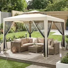 Outsunny 3 x 3 m Gazebo, Netting Party Tent, Patio Canopy Outdoor Event Shelter with Double Tier Roof, Beige - 2