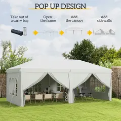 Outsunny 3 x 6 m Garden Pop Up Gazebo, Wedding Party Tent Marquee, Water Resistant Awning Canopy with Sidewalls, Windows, Carry Bag, White - 4