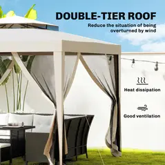 Outsunny 3 x 3 m Gazebo, Netting Party Tent, Patio Canopy Outdoor Event Shelter with Double Tier Roof, Beige - 4