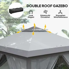 Outsunny 3.3 x 3.3m Pop Up Gazebo, Double Roof Foldable Canopy Tent with Zipped Mesh Sidewalls, Height Adjustable and Carrying Bag, Event Tent for Patio Garden, Grey - 4