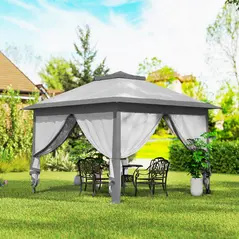 Outsunny 3.3 x 3.3m Pop Up Gazebo, Double Roof Foldable Canopy Tent with Zipped Mesh Sidewalls, Height Adjustable and Carrying Bag, Event Tent for Patio Garden, Grey - 2