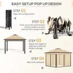 Outsunny 3.3 x 3.3m Pop Up Gazebo, Double Roof Foldable Canopy Tent with Zipped Mesh Sidewalls, Height Adjustable and Carrying Bag, Event Tent for Patio Garden, Beige - 5