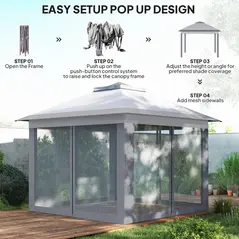 Outsunny 3.3 x 3.3m Pop Up Gazebo, Double Roof Foldable Canopy Tent with Zipped Mesh Sidewalls, Height Adjustable and Carrying Bag, Event Tent for Patio Garden, Grey - 5